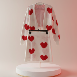 Women’s Heart Print Cardigan & Skirt Set – Cozy, Chic & Stylish