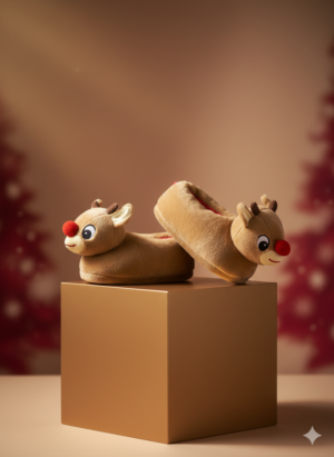 Toddler Reindeer Plush Slippers – Cozy Holiday Indoor Shoes