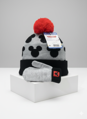 Toddler Mickey Mouse Winter Beanie & Mittens Set – Warm Knit Hat with Pom-Pom