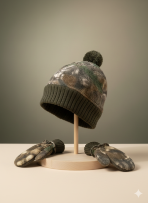 Toddler Camo Knit Beanie & Mittens Set – Warm Winter Hat with Matching Gloves