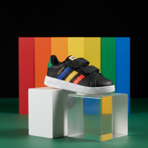 Toddler Velcro Sneakers – Black with Multicolor Stripe Design