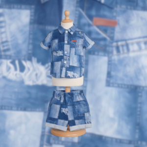 Toddler Denim Patchwork Button-Up Shirt & Shorts Set – Stylish Two-Piece Outfit