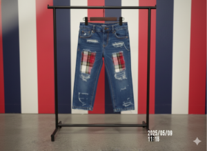 Kids Distressed Denim Jeans with Plaid Patch Detail