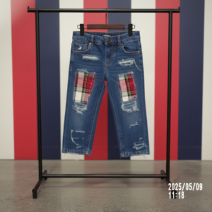 Kids Distressed Denim Jeans with Plaid Patch Detail