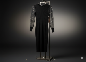 Elegant Black Midi Dress with Sheer Polka Dot Sleeves