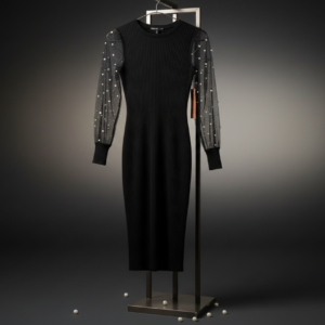 Elegant Black Midi Dress with Sheer Polka Dot Sleeves