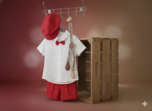 Baby Boys Formal Outfit Set – White Shirt, Red Shorts, Bow Tie & Suspenders