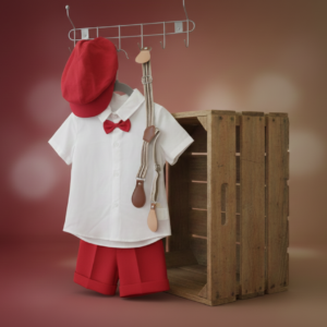 Baby Boys Formal Outfit Set – White Shirt, Red Shorts, Bow Tie & Suspenders