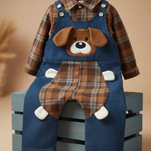 Baby Boys Dog Patch Plaid Overall Outfit – 2-Piece Set