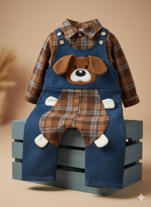 Baby Boys Dog Patch Plaid Overall Outfit – 2-Piece Set
