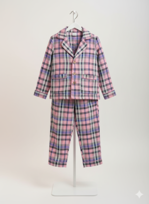 Kids Pink Plaid Set – Long Sleeve Button-Up Top & Matching Pants