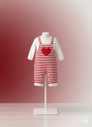 Baby Unisex Red & White Stripe Heart Romper Set