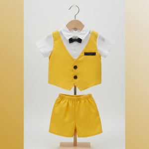 Toddler Boys Yellow Formal Vest Set – Shirt, Bow Tie & Shorts