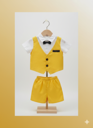 Toddler Boys Yellow Formal Vest Set – Shirt, Bow Tie & Shorts