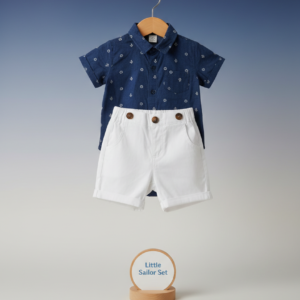 Little Sailor Boys Outfit – Navy Button-Up Shirt & White Shorts Set