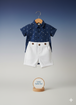 Little Sailor Boys Outfit – Navy Button-Up Shirt & White Shorts Set