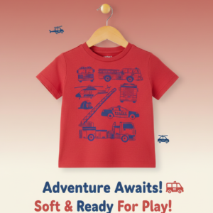 Kids Construction Vehicles Graphic T-Shirt (Red)