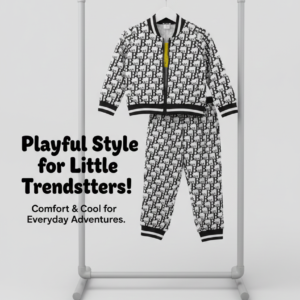 Kids Monogram Print Track Set – Black & White (2-Piece Outfit)