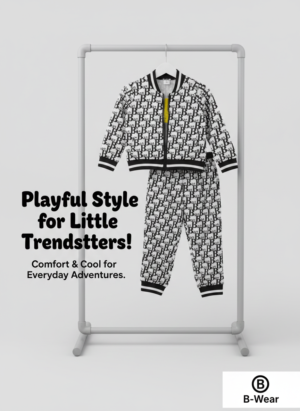 Kids Monogram Print Track Set – Black & White (2-Piece Outfit)