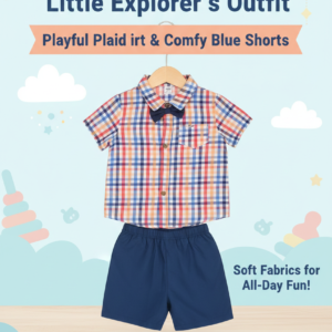 Little Explorer Plaid Shirt & Blue Shorts Outfit Set