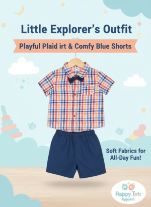 Little Explorer Plaid Shirt & Blue Shorts Outfit Set