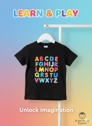 Kids Alphabet Learning Graphic T-Shirt – Colorful ABC Print, Black