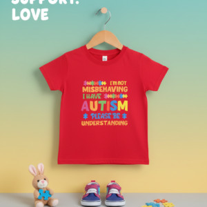 Autism Awareness Kids T-Shirt – “I’m Not Misbehaving, I Have Autism” Support Tee (Red)