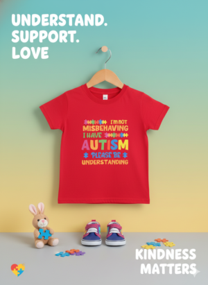 Autism Awareness Kids T-Shirt – “I’m Not Misbehaving, I Have Autism” Support Tee (Red)