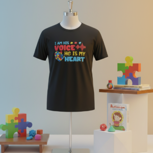 Adult Unisex Autism Support T-Shirt – “I Am His Voice, He Is My Heart”