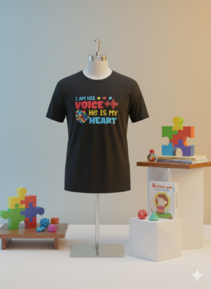 Adult Unisex Autism Support T-Shirt – “I Am His Voice, He Is My Heart”